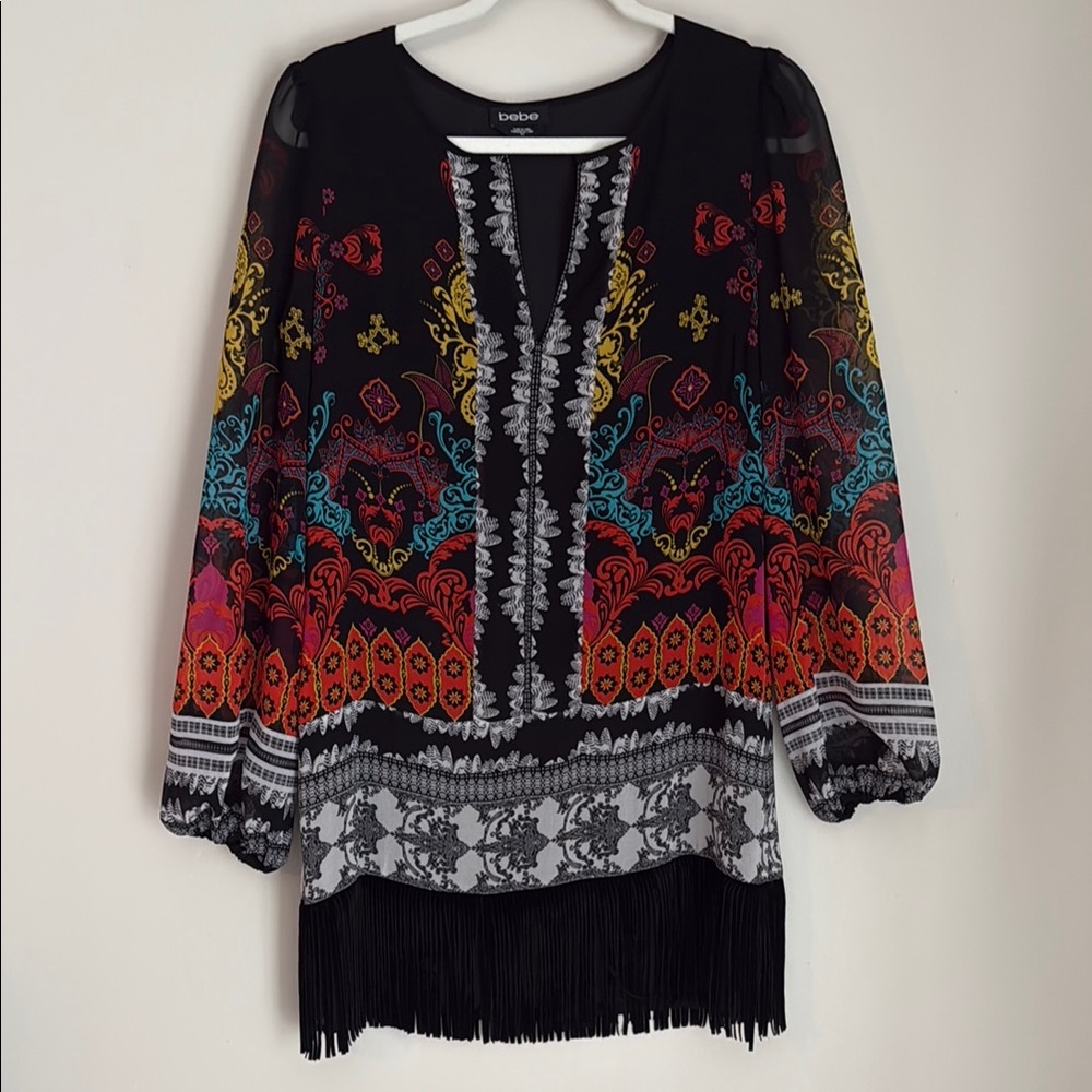 Bebe Fringe Boho Print Shift Dress Size Small P